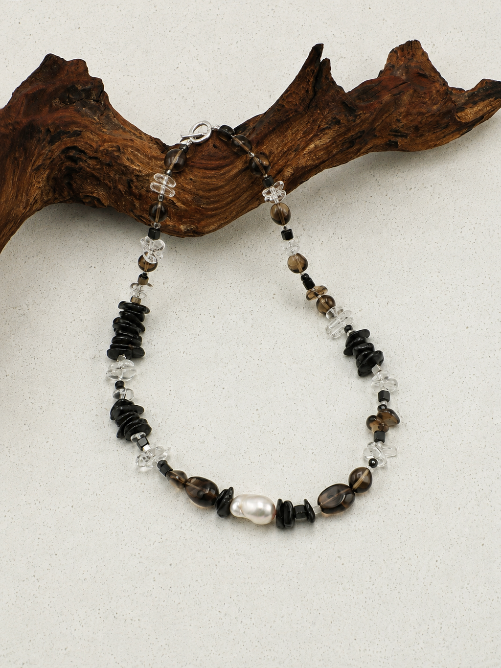 Pre-order|Handmade Smoky Quartz & Baroque Pearl Necklace – S925 Sterling Silver Modern Style