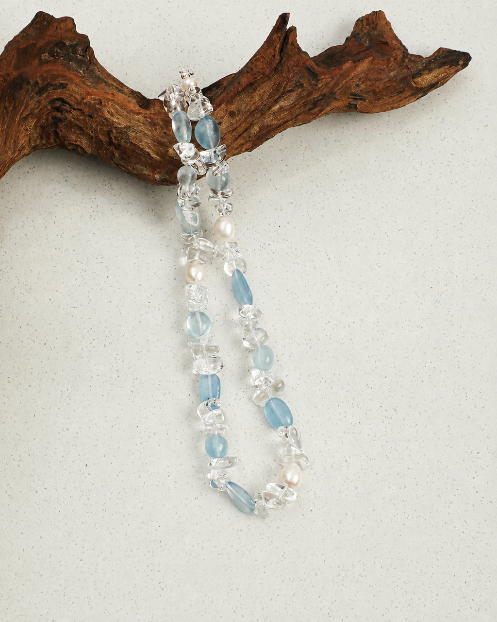 Pre-order｜Handmade Aquamarine Crystal Pearl Necklace – S925 Sterling Silver Clasp