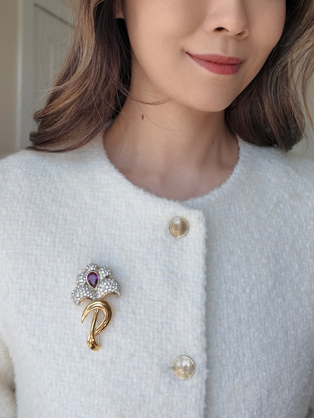 Nina Ricci Purple Rhinestone Brooch – Gold Plated Vintage Style Statement