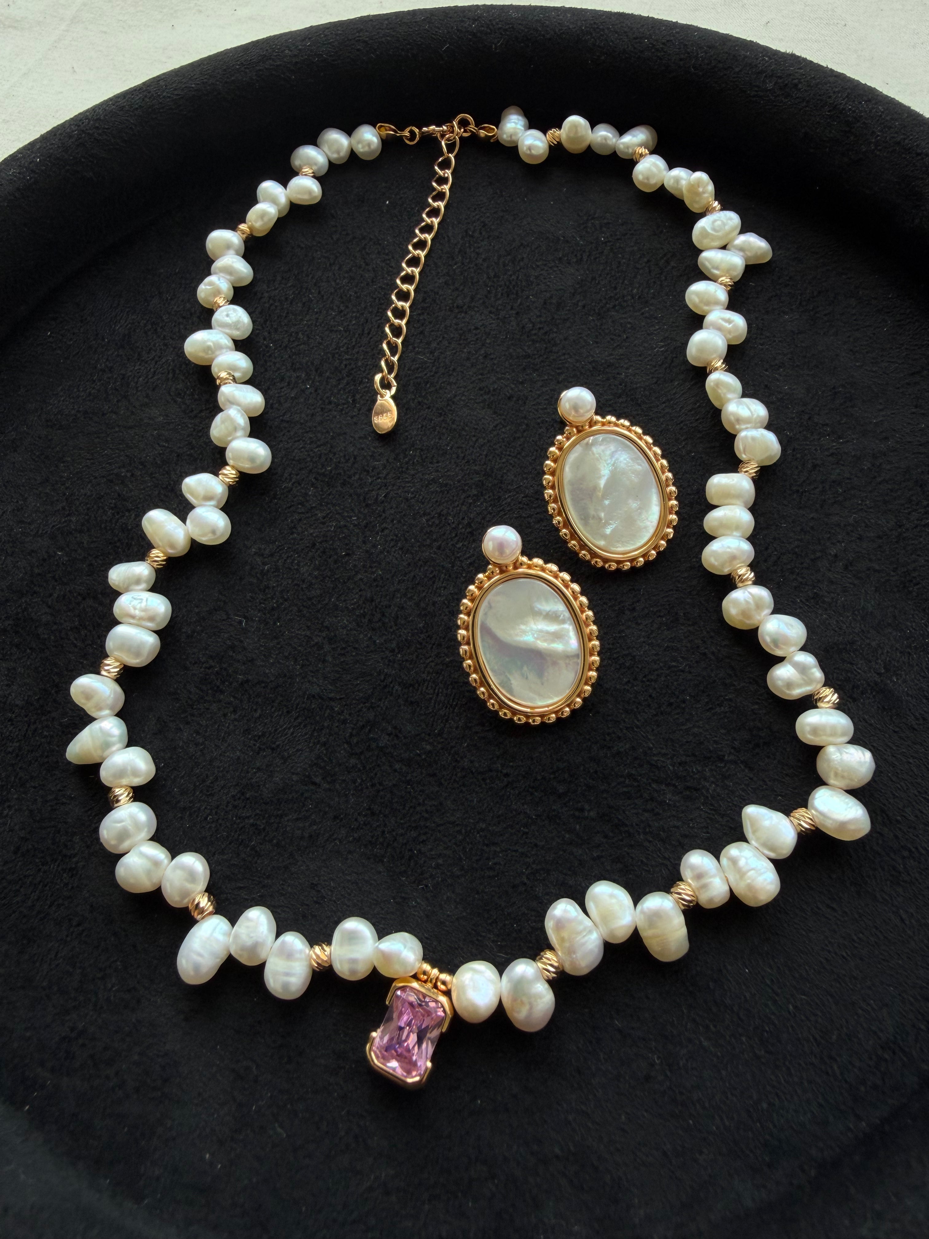 Pre-order | Pink Zircon & Freshwater Pearl Necklace – 18K Gold Plated S925 Sterling Silver