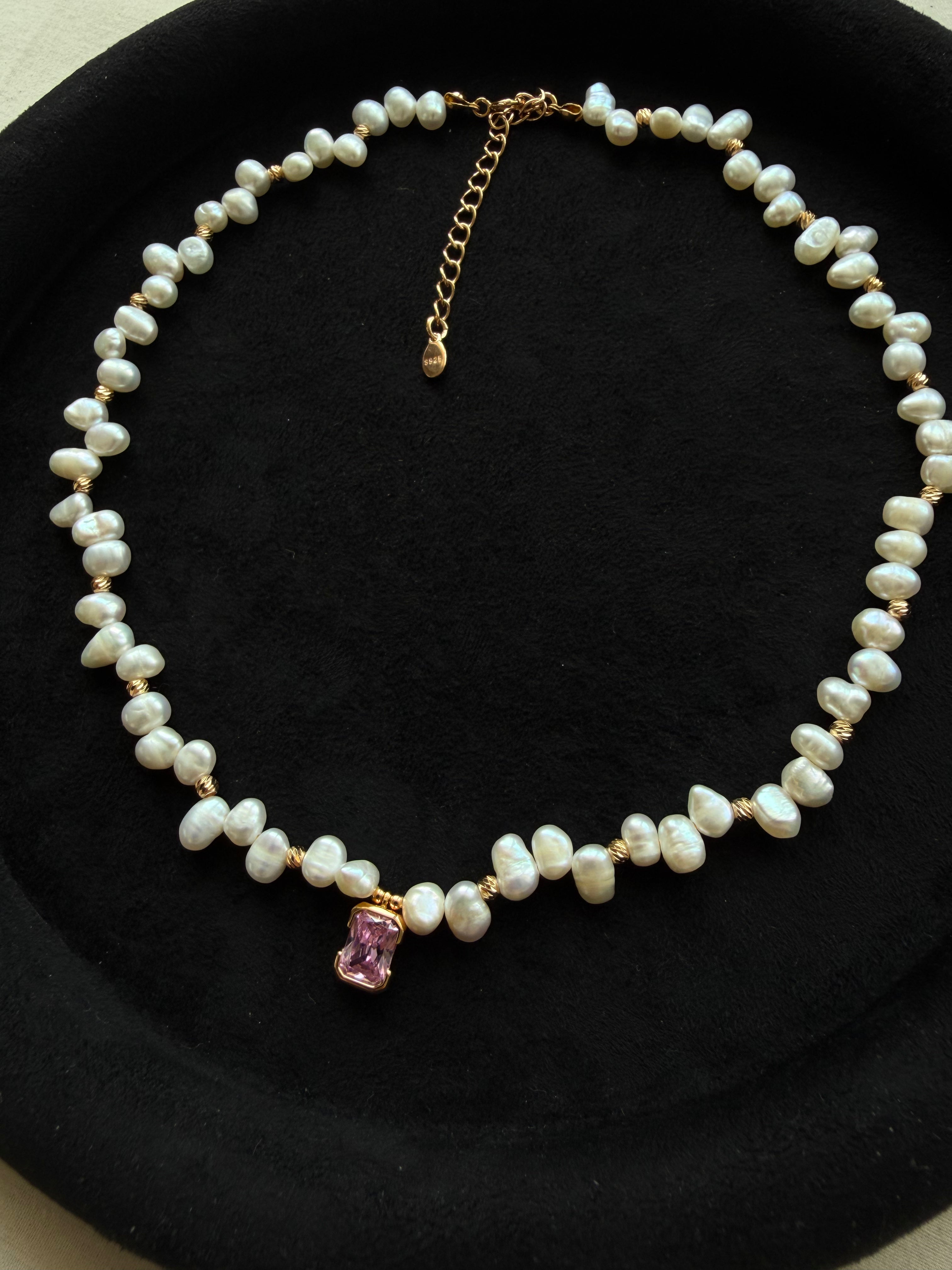Pre-order | Pink Zircon & Freshwater Pearl Necklace – 18K Gold Plated S925 Sterling Silver