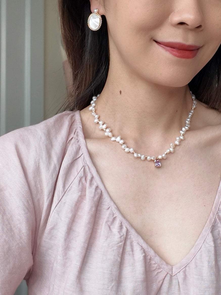 Pre-order | Pink Zircon & Freshwater Pearl Necklace – 18K Gold Plated S925 Sterling Silver