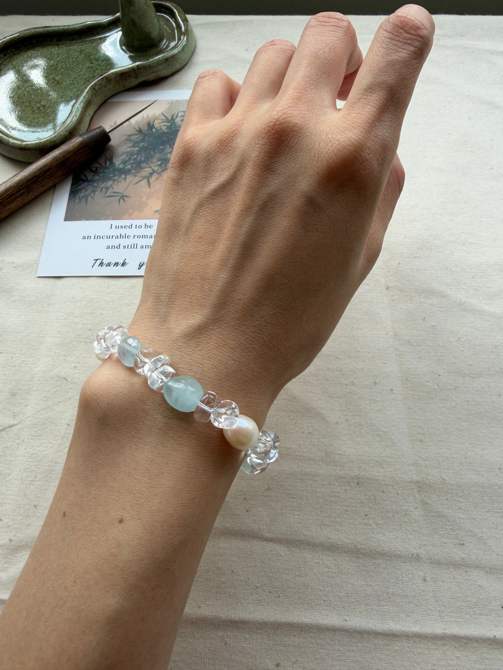 Handmade Aquamarine Crystal Pearl Bracelet – S925 Sterling Silver Clasp