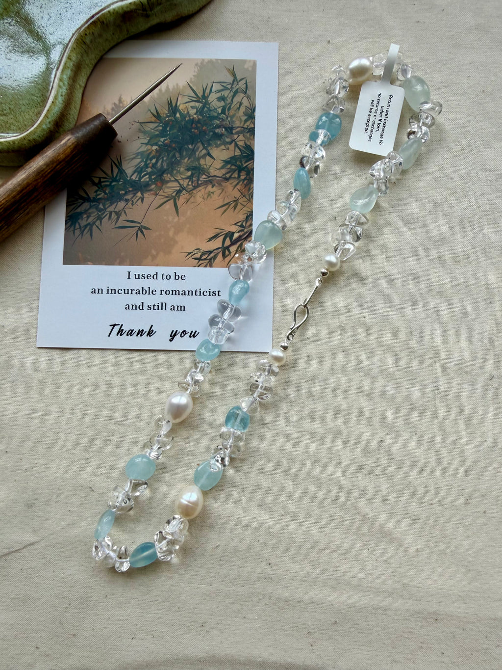 Pre-order｜Handmade Aquamarine Crystal Pearl Necklace – S925 Sterling Silver Clasp
