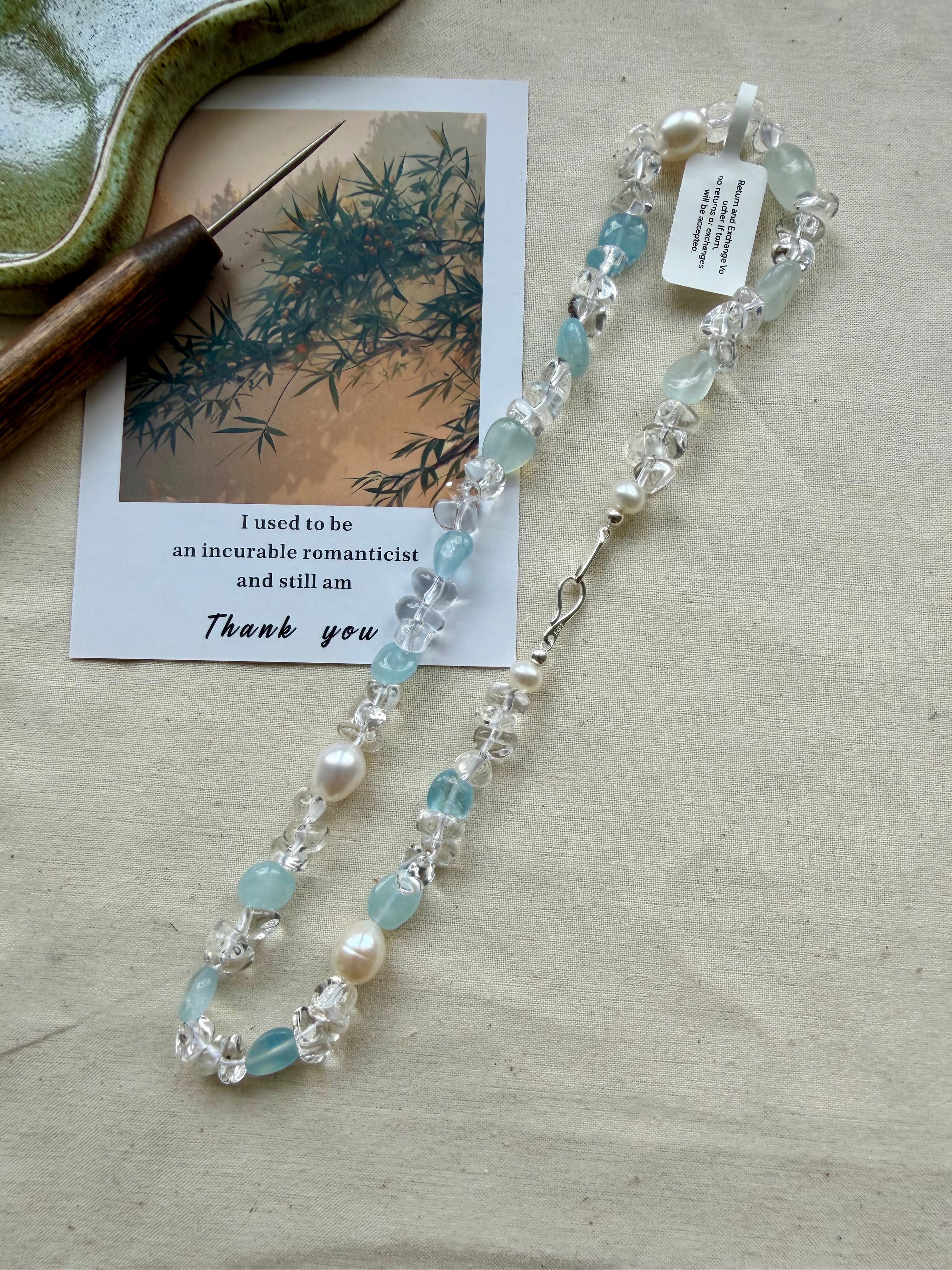 Pre-order｜Handmade Aquamarine Crystal Pearl Necklace – S925 Sterling Silver Clasp