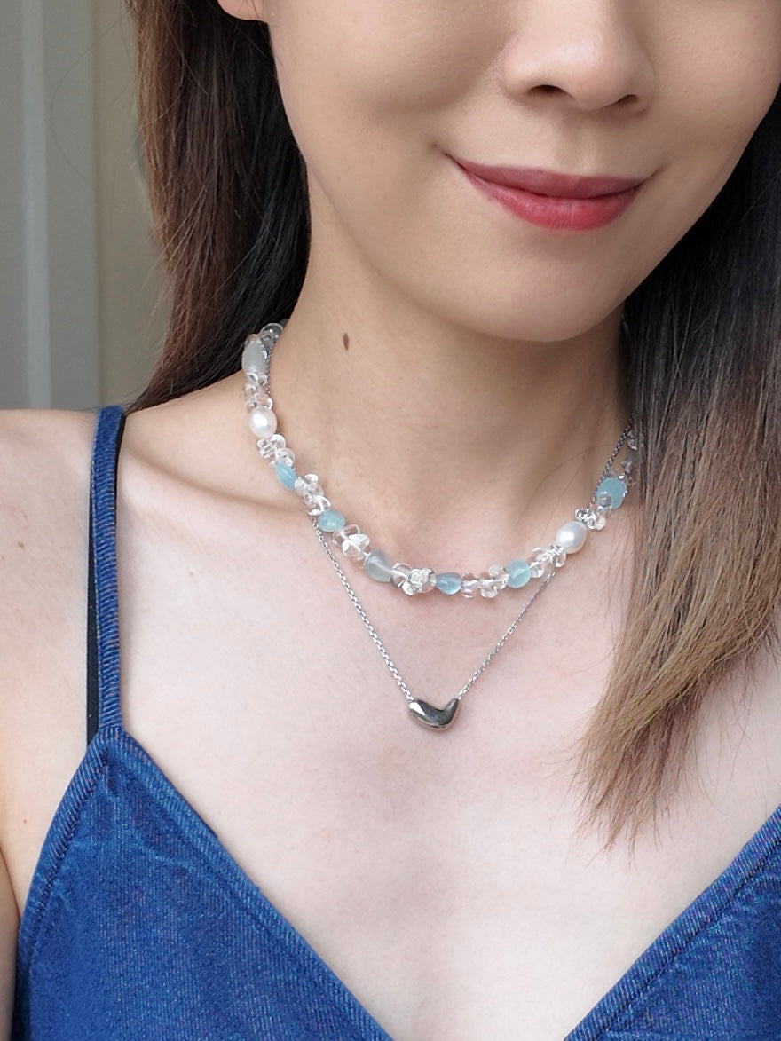 Pre-order｜Handmade Aquamarine Crystal Pearl Necklace – S925 Sterling Silver Clasp