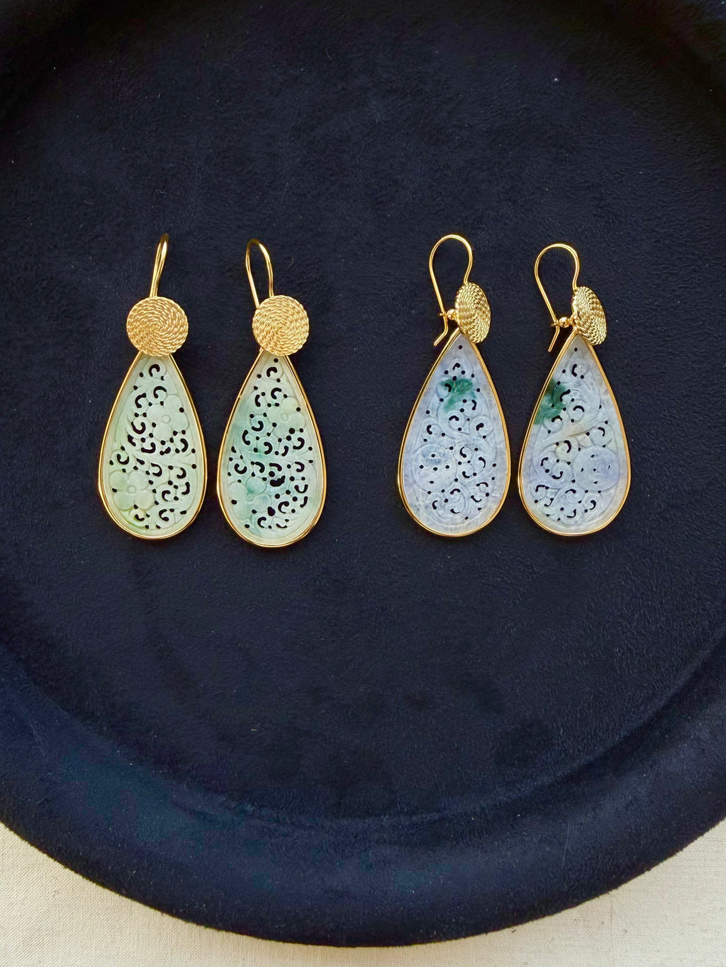Premium Jadeite Carved Drop Earrings – 18K Gold Plated S925 Sterling Silver