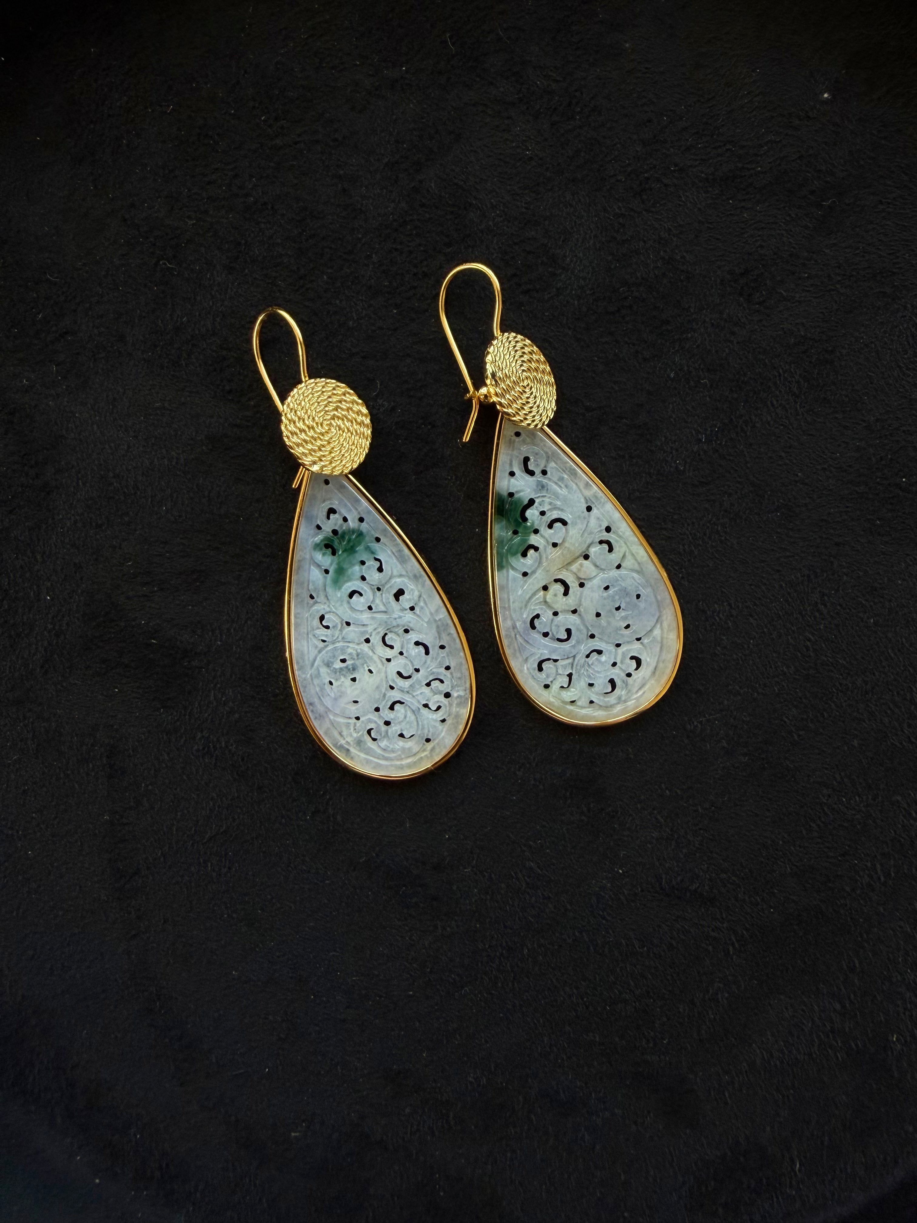 Premium Jadeite Carved Drop Earrings – 18K Gold Plated S925 Sterling Silver
