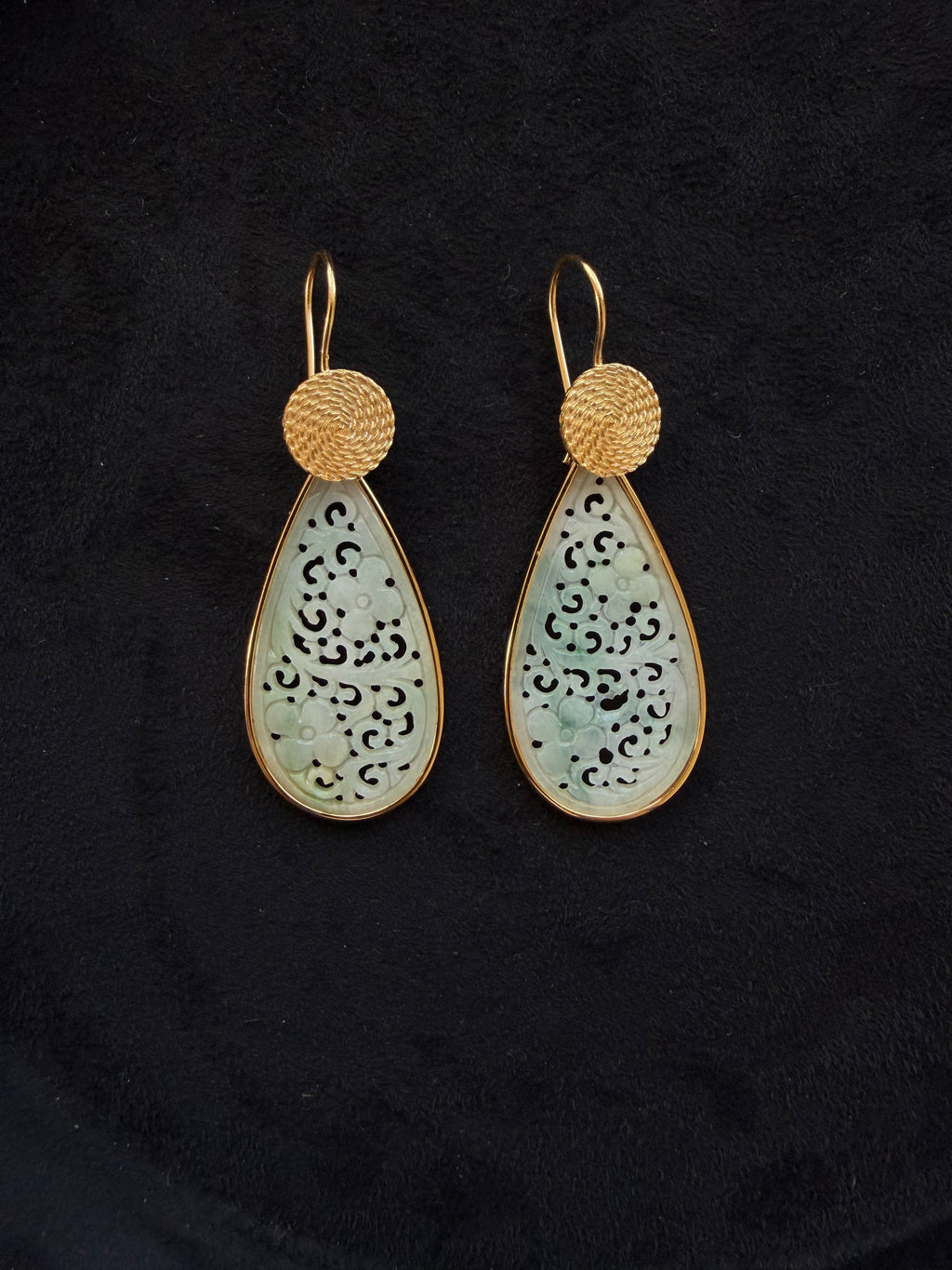 Premium Jadeite Carved Drop Earrings – 18K Gold Plated S925 Sterling Silver