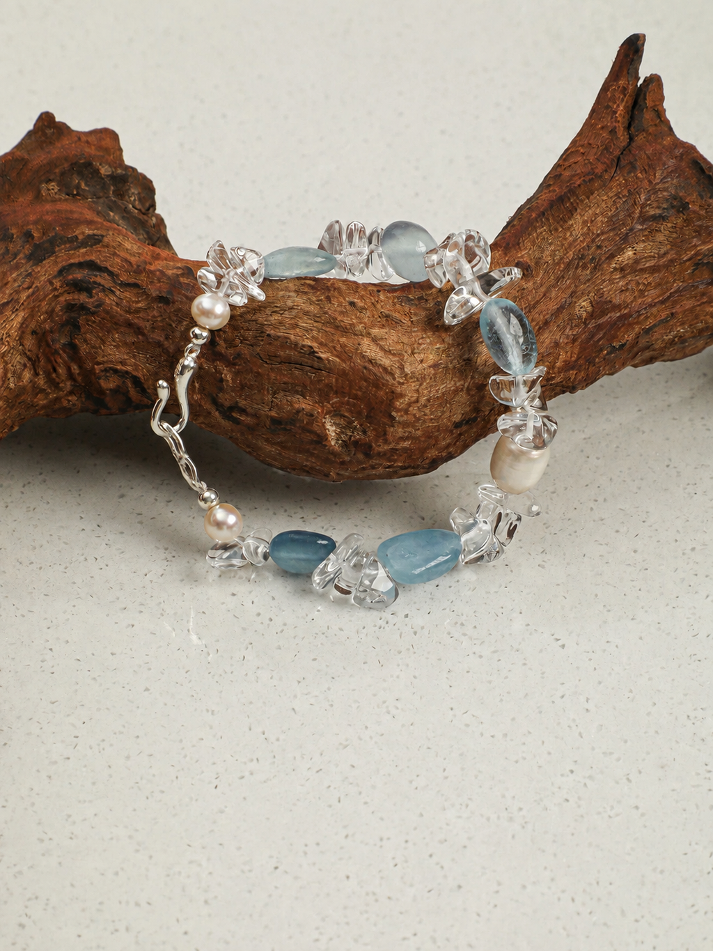 Handmade Aquamarine Crystal Pearl Bracelet – S925 Sterling Silver Clasp