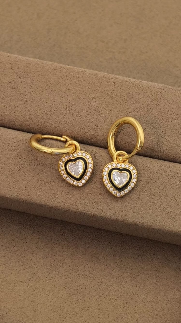 Black Enamel Heart Earrings – 2-in-1 Detachable Design in 18K Gold Plated S925 Sterling Silver